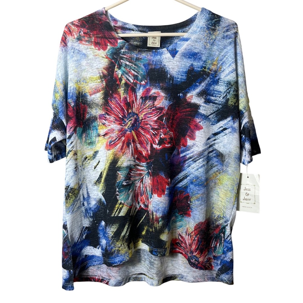 Jess & Jane Floral Abstract Art Knit Top XL S Art To Wear Boho Colorful New Tag